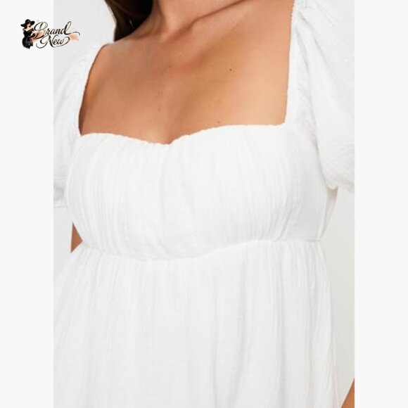 White Mini Dress with Puff Sleeves, Square Neck, Cotton Summer Party - Picture 4 of 7